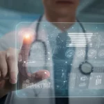 A healthcare professional interacting with a holographic display showing patient data and network nodes, symbolizing AI diagnosis in a fog computing environment, 24mm lens, depth of field.