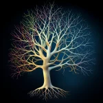 Illustrazione concettuale astratta che mostra un albero evolutivo ramificato le cui radici sono formate da sequenze di DNA aggrovigliate e cromosomi mescolati, simboleggiando gli stati genomici irreversibili alla base dell'omologia cellulare antica, stile fotorealistico, colori vibranti su sfondo scuro.
