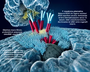 Illustrazione fotorealistica 3D di una cellula con la membrana plasmatica in sezione. Molecole BiDAC che legano recettori (RTK) sulla superficie cellulare, innescando la loro internalizzazione verso i lisosomi, visibili come organelli interni sferici. Obiettivo macro 85mm, profondità di campo per mettere a fuoco l'interazione BiDAC-recettore, illuminazione drammatica con toni blu e viola per evidenziare il percorso di degradazione endo-lisosomiale.