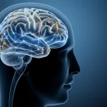 Immagine fotorealistica del cervello umano con sovrapposte reti di connettività funzionale luminose (blu e oro duotone), simboleggiando i neuromarcatori cerebrali usati per predire la risposta alla TMS nella dipendenza da cocaina. Vista laterale, sfondo scuro e pulito per enfatizzare le connessioni. Obiettivo prime 35mm, depth of field, high detail, controlled lighting.