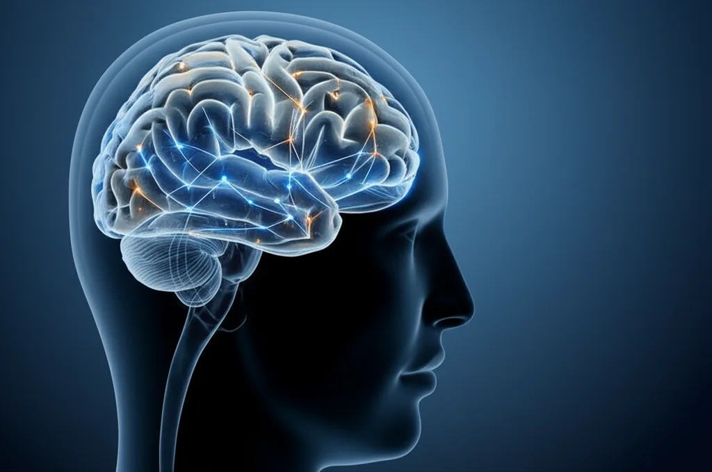 Immagine fotorealistica del cervello umano con sovrapposte reti di connettività funzionale luminose (blu e oro duotone), simboleggiando i neuromarcatori cerebrali usati per predire la risposta alla TMS nella dipendenza da cocaina. Vista laterale, sfondo scuro e pulito per enfatizzare le connessioni. Obiettivo prime 35mm, depth of field, high detail, controlled lighting.