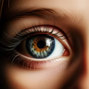 Primo piano macro dell'occhio di un bambino asiatico durante un esame della vista in una clinica oculistica moderna e luminosa, focus preciso sulla pupilla e iride, luce controllata, obiettivo macro 100mm, alta definizione.