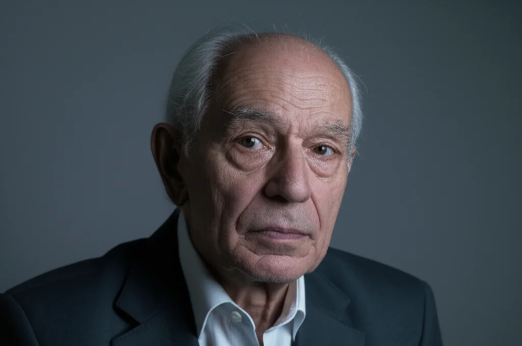 Ritratto fotografico di un uomo anziano (65-70 anni) dall'aspetto pensieroso ma speranzoso, scattato con obiettivo prime da 35mm. L'uomo guarda verso una fonte di luce laterale. Utilizzo di duotono blu e grigio per un'atmosfera seria ma non cupa. Profondità di campo ridotta (Depth of field) per sfocare leggermente lo sfondo, che suggerisce un ambiente medico moderno ma non invadente.