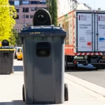 Strada di una smart city futuristica e pulita vista con obiettivo grandangolare da 15mm. In primo piano, eleganti bidoni dei rifiuti intelligenti con discreti sensori luminosi (IoT/AI). Sullo sfondo, un piccolo camion ecologico per la raccolta differenziata. La luce solare crea un'atmosfera positiva, enfatizzando la tecnologia al servizio della sostenibilità urbana.