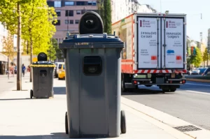 Strada di una smart city futuristica e pulita vista con obiettivo grandangolare da 15mm. In primo piano, eleganti bidoni dei rifiuti intelligenti con discreti sensori luminosi (IoT/AI). Sullo sfondo, un piccolo camion ecologico per la raccolta differenziata. La luce solare crea un'atmosfera positiva, enfatizzando la tecnologia al servizio della sostenibilità urbana.