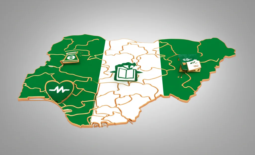 Un'immagine concettuale che mostra una mappa stilizzata della Nigeria con frecce che simboleggiano il commercio internazionale che entrano ed escono, sovrapposte a icone che rappresentano salute (un cuore stilizzato), istruzione (un libro aperto) e reddito (monete). Illuminazione da studio controllata, obiettivo macro 60mm per dettagli nitidi sulle icone, colori vivaci per la Nigeria e le icone (verde, bianco, oro), su uno sfondo neutro grigio chiaro per far risaltare il concetto di impatto del commercio sullo sviluppo umano.