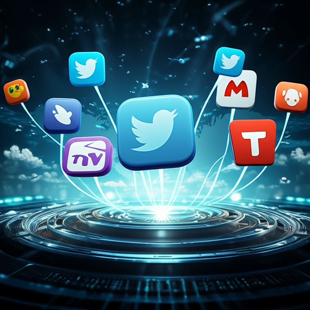 Un'immagine concettuale che rappresenta la migrazione degli utenti dai social media: icone di uccellini blu (Twitter/X) che volano via da una piattaforma centrale verso altre piattaforme emergenti come Threads, Mastodon, e Truth Social, simboleggiate da icone stilizzate. Lo sfondo è un cielo digitale con nuvole di dati. Illuminazione drammatica, stile cinematografico, obiettivo prime da 35mm, profondità di campo.