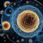 Concetto di biopsia liquida per il cancro al fegato: una provetta di sangue stilizzata da cui emergono piccole sfere luminose (vescicole extracellululari) analizzate da un fascio di luce digitale, sfondo high-tech sfocato, colori blu e oro, lente macro 85mm, alta precisione, dettaglio elevato.