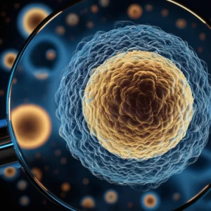 Concetto di biopsia liquida per il cancro al fegato: una provetta di sangue stilizzata da cui emergono piccole sfere luminose (vescicole extracellululari) analizzate da un fascio di luce digitale, sfondo high-tech sfocato, colori blu e oro, lente macro 85mm, alta precisione, dettaglio elevato.
