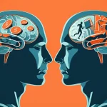 Immagine concettuale che mostra due profili di teste umane stilizzate una di fronte all'altra. All'interno di una testa, simboli di basso status socio-economico (poche monete, una fabbrica grigia) e un cervello meno attivo. Nell'altra, simboli di attività fisica (corsa, pesi) e attività cognitive (libri, puzzle) con un cervello più luminoso e vibrante, a significare il superamento delle disparità. Stile duotone, blu e arancione, profondità di campo che mette a fuoco la trasformazione positiva. Obiettivo prime 35mm.