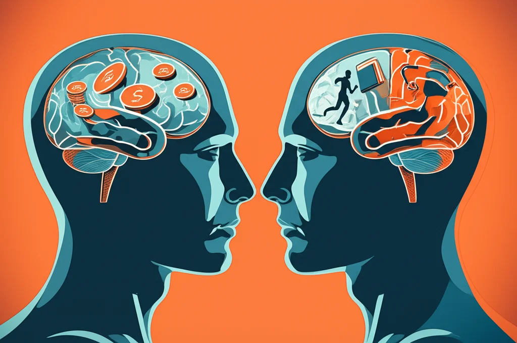 Immagine concettuale che mostra due profili di teste umane stilizzate una di fronte all'altra. All'interno di una testa, simboli di basso status socio-economico (poche monete, una fabbrica grigia) e un cervello meno attivo. Nell'altra, simboli di attività fisica (corsa, pesi) e attività cognitive (libri, puzzle) con un cervello più luminoso e vibrante, a significare il superamento delle disparità. Stile duotone, blu e arancione, profondità di campo che mette a fuoco la trasformazione positiva. Obiettivo prime 35mm.