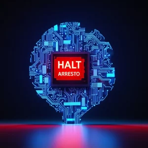Immagine concettuale di un cervello digitale stilizzato fatto di circuiti luminosi blu, con un grande interruttore rosso acceso etichettato 'HALT' (ARRESTO) chiaramente visibile e integrato nella sua struttura. Obiettivo prime 35mm, colori duotone blu e rosso su sfondo nero, profondità di campo ridotta per focalizzare sull'interruttore, simboleggiando l'importanza cruciale del vincolo di arresto per l'allineamento e la sicurezza dell'IA.