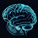 Immagine concettuale di un cervello umano stilizzato con circuiti neurali luminosi e interconnessi sovrapposti, a simboleggiare l'analisi tramite intelligenza artificiale. Sullo sfondo, si intravede una sfocata rappresentazione di una scansione SPECT cerebrale. L'illuminazione è drammatica, quasi cinematografica, con un effetto di profondità di campo accentuato. Prime lens 35mm, depth of field, film noir style.