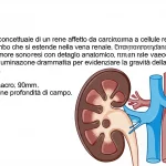 Immagine concettuale di un rene affetto da carcinoma a cellule renali con un trombo che si estende nella vena renale. In primo piano, il rene e il tumore sono resi con dettaglio anatomico, mentre lo sfondo mostra una rete vascolare stilizzata. Illuminazione drammatica per evidenziare la gravità della condizione. Obiettivo macro, 90mm, alta definizione, profondità di campo.