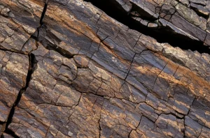 Immagine dettagliata di una sezione di roccia bruciata con evidenti fessurazioni, scattata con obiettivo macro da 100mm per massima nitidezza, illuminazione laterale per accentuare la texture e le crepe, contesto geologico di una miniera a cielo aperto.