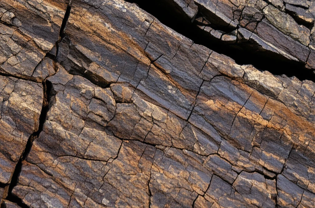 Immagine dettagliata di una sezione di roccia bruciata con evidenti fessurazioni, scattata con obiettivo macro da 100mm per massima nitidezza, illuminazione laterale per accentuare la texture e le crepe, contesto geologico di una miniera a cielo aperto.