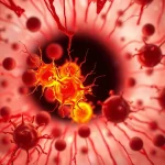 Immagine fotorealistica, stile macro 90mm con alta definizione e illuminazione controllata, di cellule immunitarie interagenti all'interno del tessuto orbitale, con alcune cellule T CD8 evidenziate che mostrano segni di attivazione e infiltrazione. Lo sfondo suggerisce la complessità del microambiente oculare nell'oftalmopatia di Graves.