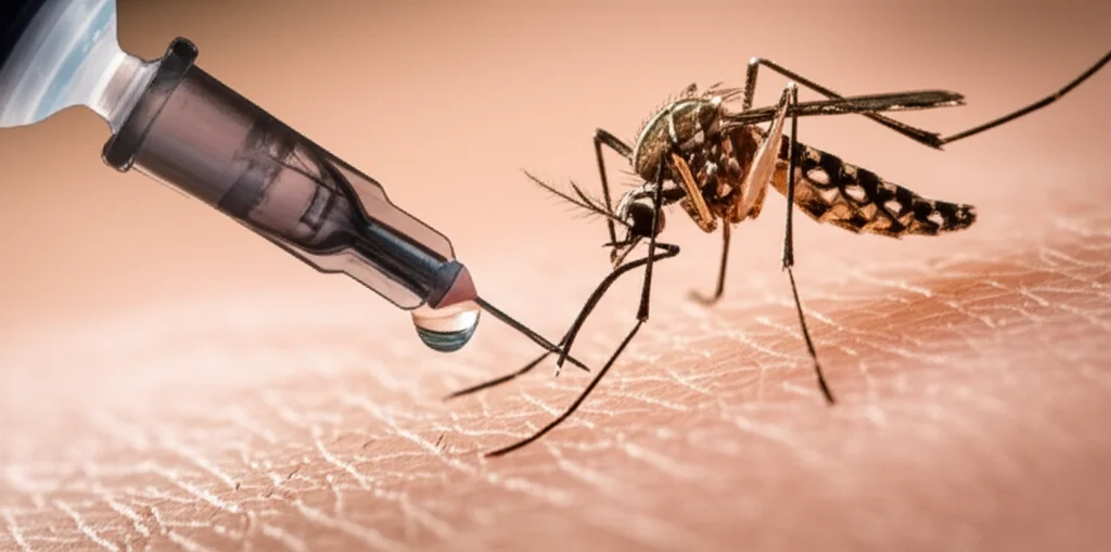 Primo piano macro di una zanzara Aedes su pelle umana accanto a una goccia di vaccino che cade da una siringa, illuminazione drammatica controllata, alta definizione, lente macro 100mm, messa a fuoco precisa sulla zanzara e la goccia di vaccino.