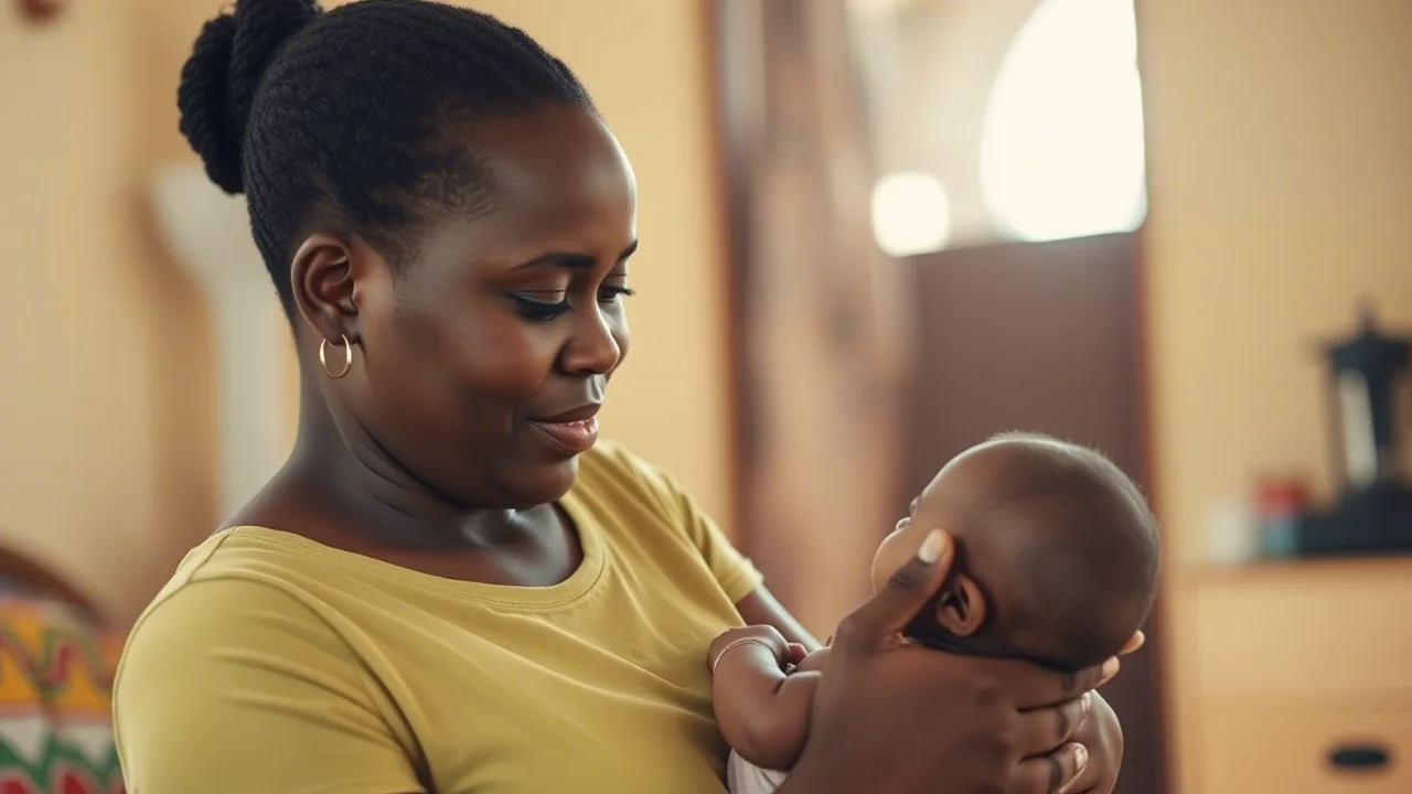 Ritratto fotografico di madre ghanese che allatta serenamente il suo bambino in un ambiente domestico luminoso e semplice in Ghana. La madre guarda verso il basso con affetto. Luce morbida e naturale. Obiettivo prime 50mm, profondità di campo ridotta per sfocare lo sfondo. Tonalità calde.