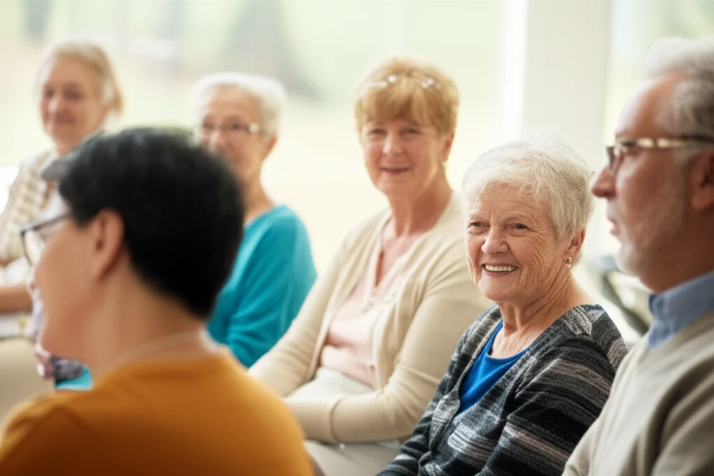 Un gruppo diversificato di persone anziane, uomini e donne, che sorridono e interagiscono positivamente durante una sessione informativa sulla salute in un ambiente luminoso e accogliente. Fotografia di gruppo, obiettivo 35mm, luce naturale calda, profondità di campo che mette a fuoco alcuni volti espressivi mentre altri sono leggermente sfocati sullo sfondo, trasmettendo un senso di comunità e coinvolgimento.