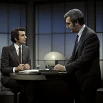 Un set televisivo francese vintage degli anni '80, luci soffuse, un politico carismatico ma controverso al centro della scena durante un'intervista tesa per 'L'Heure de Vérité'. Obiettivo prime 35mm, atmosfera film noir con contrasti forti, profondità di campo che isola il soggetto.