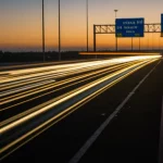 Un'immagine evocativa del traffico mattutino su un'autostrada che attraversa un confine internazionale, con il sole che sorge all'orizzonte. I veicoli sono resi con scie luminose per indicare movimento e flusso. Landscape wide angle, 18mm, long exposure, sharp focus sui cartelli stradali di confine, atmosfera dinamica.