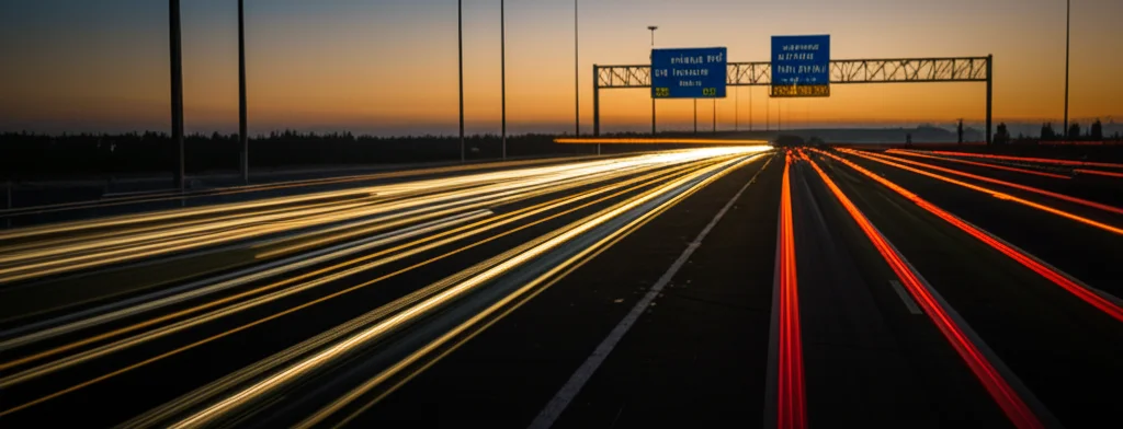 Un'immagine evocativa del traffico mattutino su un'autostrada che attraversa un confine internazionale, con il sole che sorge all'orizzonte. I veicoli sono resi con scie luminose per indicare movimento e flusso. Landscape wide angle, 18mm, long exposure, sharp focus sui cartelli stradali di confine, atmosfera dinamica.