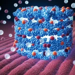 Visualizzazione 3D fotorealistica del canale ionico Piezo1 integrato nella membrana cellulare di un cardiomiocita, con ioni calcio (sfere luminose) che lo attraversano. Lo sfondo mostra altre strutture cellulari in modo sfocato per creare profondità di campo. Obiettivo macro 90mm, illuminazione drammatica laterale per evidenziare la tridimensionalità della proteina e le texture della membrana.