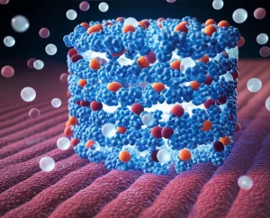 Visualizzazione 3D fotorealistica del canale ionico Piezo1 integrato nella membrana cellulare di un cardiomiocita, con ioni calcio (sfere luminose) che lo attraversano. Lo sfondo mostra altre strutture cellulari in modo sfocato per creare profondità di campo. Obiettivo macro 90mm, illuminazione drammatica laterale per evidenziare la tridimensionalità della proteina e le texture della membrana.