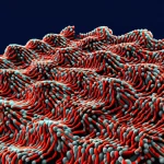 Visualizzazione artistica e fotorealistica di un monostrato Giano multiferroico, con lente macro da 100mm per enfatizzare i dettagli atomici e le texture di spin elicoidali, illuminazione controllata per creare un effetto tridimensionale e high detail.