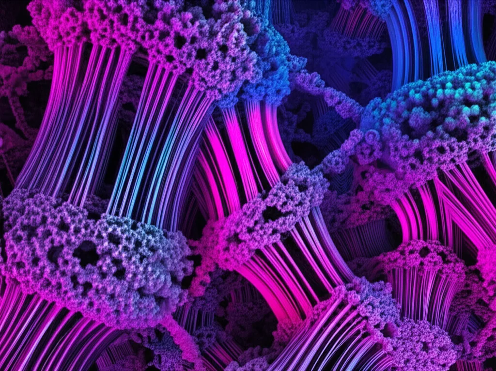 Visualizzazione astratta e fotorealistica di un flusso complesso che si diffonde attraverso una struttura frattale porosa tridimensionale. Colori luminosi (dal ciano al magenta) indicano alte concentrazioni, mentre aree scure rappresentano bassa densità. Effetto di 'fast diffusion' suggerito da scie luminose. Lente grandangolare 18mm per una vista ampia, illuminazione volumetrica che crea profondità e mistero, dettagli elevati sulla struttura porosa.