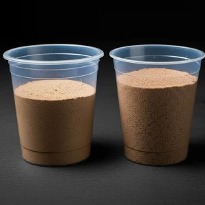 Controlled experiment showing water retention in sandy soil amended with superabsorbent hydrogel, still life, high detail.