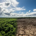 Fotografia paesaggistica, grandangolo 10mm, che mostra un paesaggio diviso a metà: da un lato una foresta lussureggiante e sana sotto un cielo con nuvole di pioggia benefica, dall'altro un terreno arido e degradato a causa della deforestazione sotto un cielo sereno e implacabile. Contrasto forte tra le due metà, luce drammatica, messa a fuoco nitida su tutto il campo.
