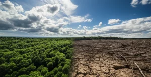 Fotografia paesaggistica, grandangolo 10mm, che mostra un paesaggio diviso a metà: da un lato una foresta lussureggiante e sana sotto un cielo con nuvole di pioggia benefica, dall'altro un terreno arido e degradato a causa della deforestazione sotto un cielo sereno e implacabile. Contrasto forte tra le due metà, luce drammatica, messa a fuoco nitida su tutto il campo.