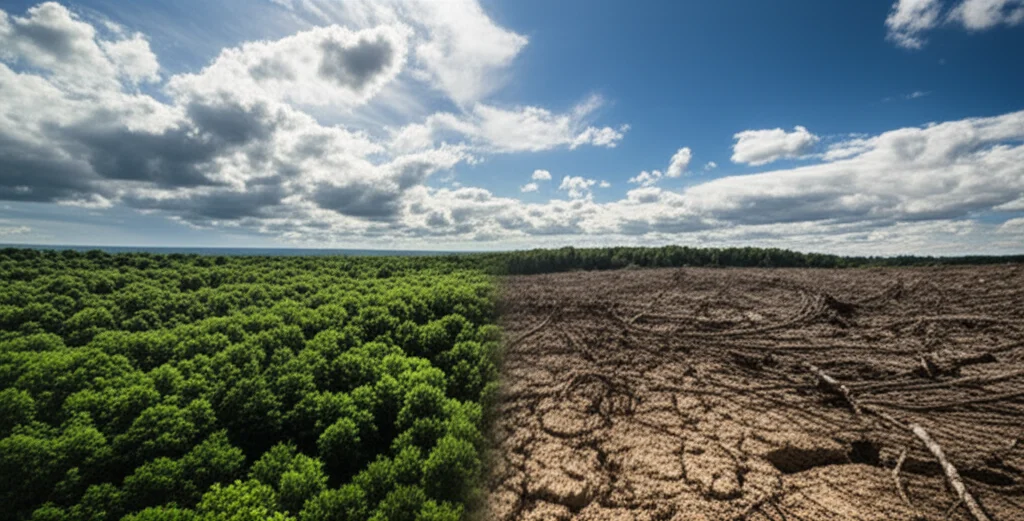 Fotografia paesaggistica, grandangolo 10mm, che mostra un paesaggio diviso a metà: da un lato una foresta lussureggiante e sana sotto un cielo con nuvole di pioggia benefica, dall'altro un terreno arido e degradato a causa della deforestazione sotto un cielo sereno e implacabile. Contrasto forte tra le due metà, luce drammatica, messa a fuoco nitida su tutto il campo.