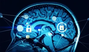 Immagine concettuale fotorealistica che mostra l'intersezione tra neuroscienza e intelligenza artificiale sicura: una rete neurale stilizzata e luminosa sovrapposta a una scansione MRI cerebrale dettagliata, con simboli di lucchetto digitali dorati fluttuanti a indicare la crittografia omomorfica, illuminazione high-tech bluastra, alta definizione, focale 50mm prime lens.