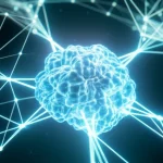 Immagine fotorealistica concettuale: una rete neurale digitale luminosa (simbolo dell'LLM) che analizza e illumina connessioni specifiche tra modelli 3D astratti di proteine fluttuanti su uno sfondo scuro che rappresenta la vasta letteratura biomedica. Lente prime 35mm, profondità di campo, illuminazione drammatica controllata.