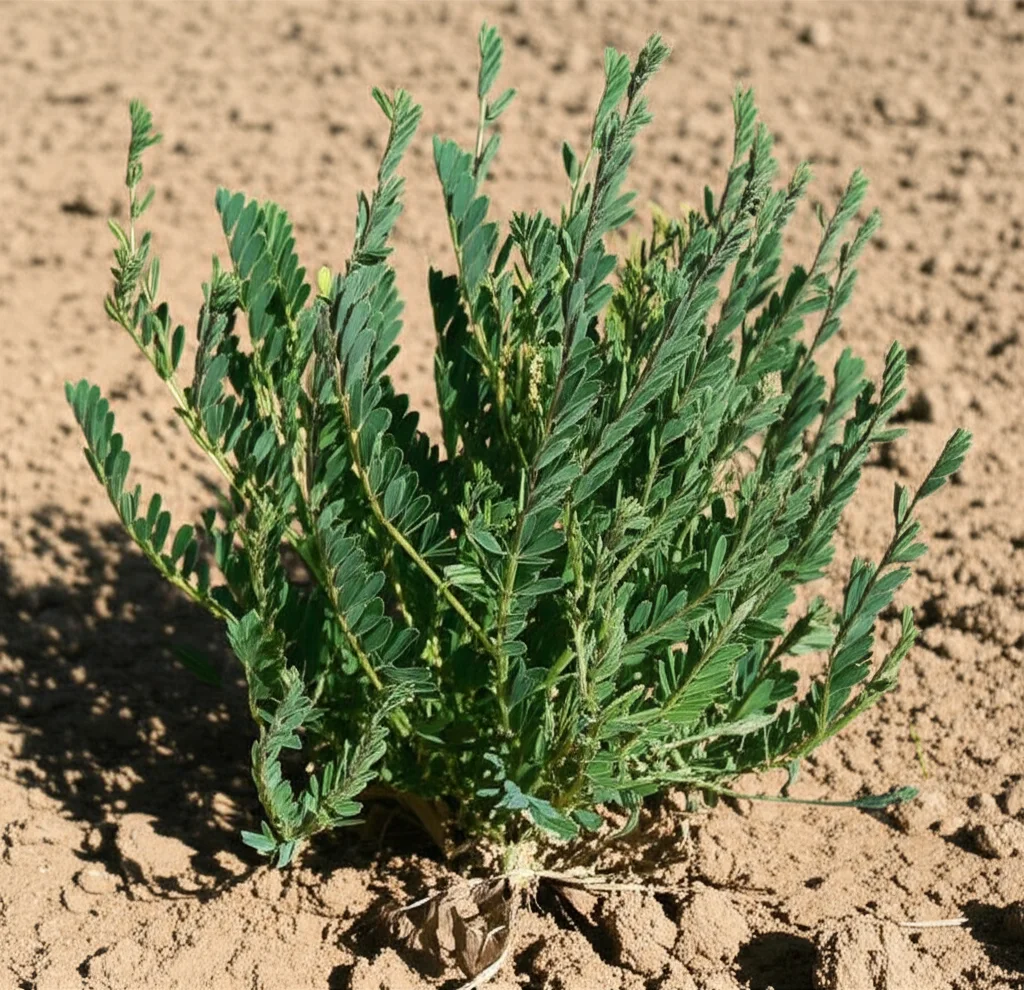 Immagine fotorealistica di una pianta di Astragalus membranaceus che mostra segni di stress da siccità, con alcune foglie leggermente accartocciate, ma ancora con vitalità. Scatto macro con obiettivo da 100mm, alta definizione, illuminazione laterale per enfatizzare la texture delle foglie e del terreno arido circostante, profondità di campo ridotta per isolare la pianta.