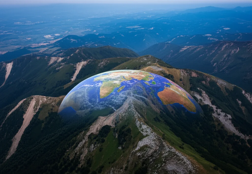 Paesaggio grandangolare, obiettivo da 10 mm, focus acuto, lunga esposizione che cattura una mappa del mondo stilizzata e semitrasparente sovrapposta su una drammatica catena montuosa che sale ripida in nuvole vorticose, che simboleggia la scala globale dello studio che studia il microbiota intestinale attraverso diverse altitudini.