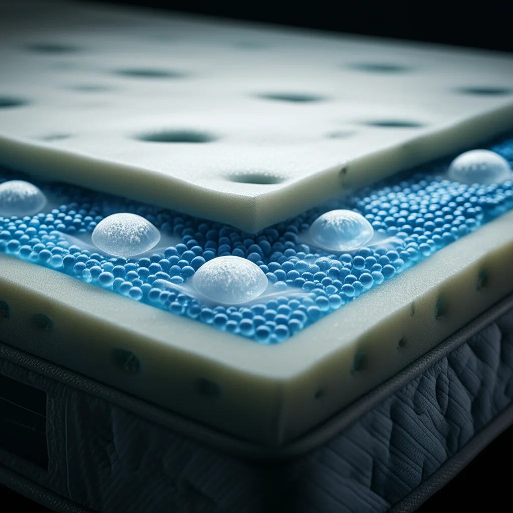 Photorealistic image of a cross-section of a modern mattress, showing layers of polyurethane foam. Small pouches or beads representing Phase Change Materials (PCMs) are embedded within or layered on top of the foam. A subtle visual cue suggests cooling or temperature regulation, perhaps a cool blue glow or frost effect. Macro lens, 100mm, high detail, precise focusing, controlled lighting.