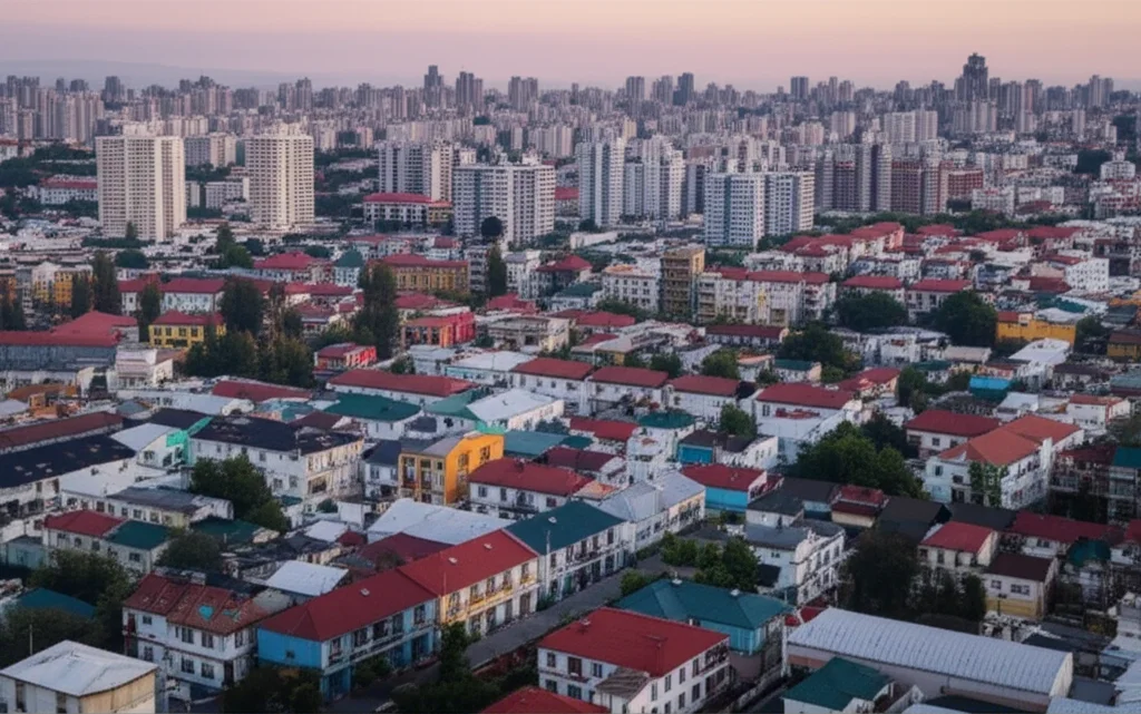 Photorealistic wide-angle landscape photography showing a stark contrast between different housing types in a city, highlighting urban spatial inequality, 24mm, sharp focus.
