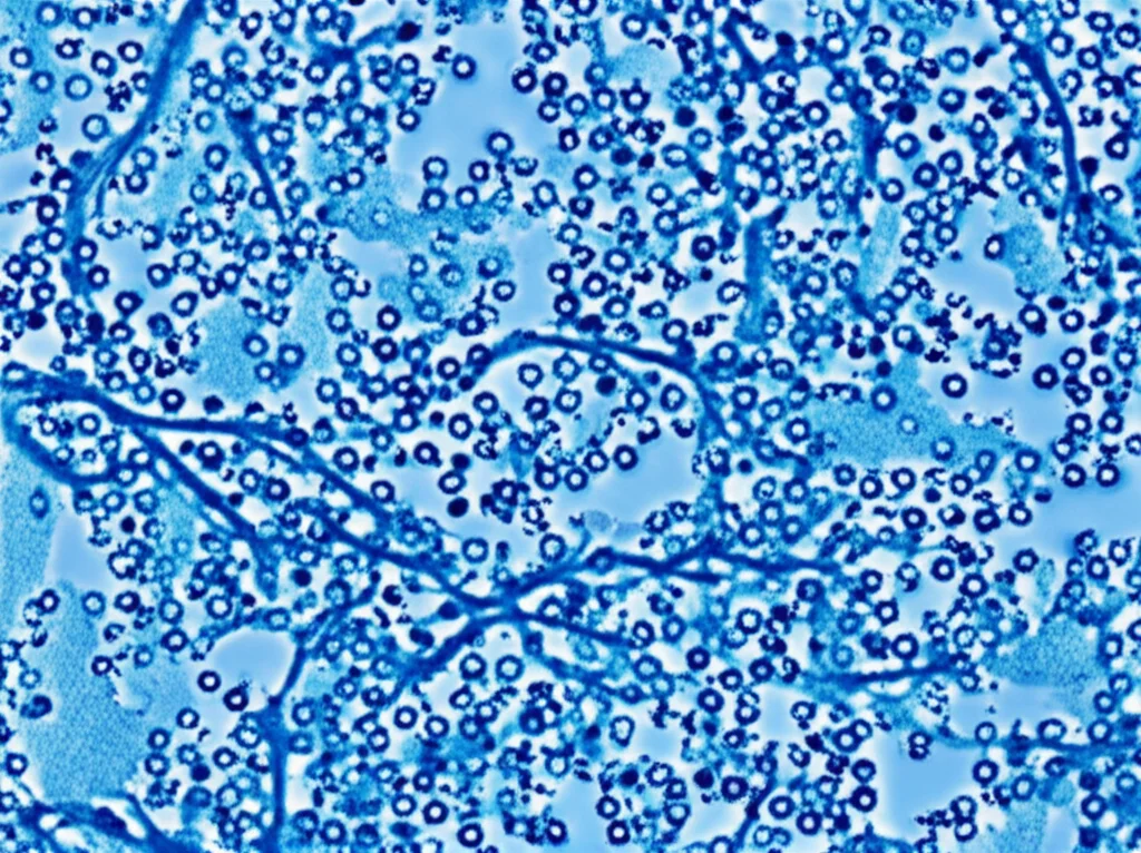 Primo piano di cellule staminali mesenchimali osservate al microscopio, con dettagli morfologici ben definiti, illuminazione da contrasto di fase, obiettivo macro 100mm, alta risoluzione, che simboleggia la ricerca avanzata nella coltivazione cellulare.