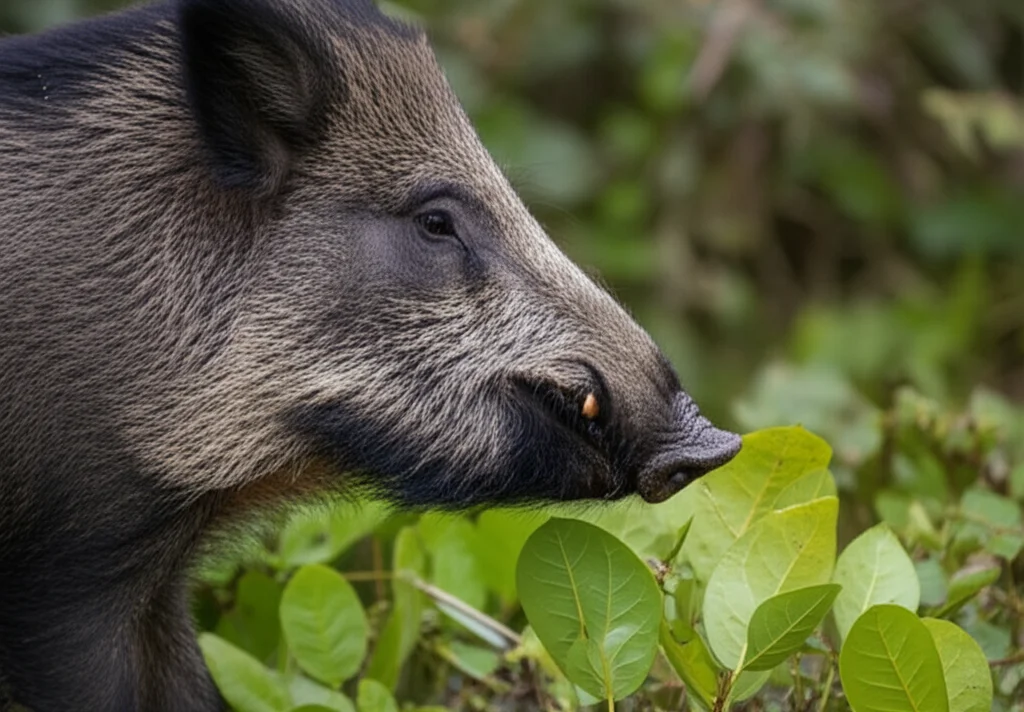 Un cinghiale selvatico (Sus scrofa) in una foresta della Florida, con una zecca molle (Ornithodoros turicata americanus) in primo piano su una foglia, obiettivo macro 90mm, illuminazione controllata per dettaglio su entrambi i soggetti, sfondo leggermente sfocato per enfatizzare il legame tra i due.