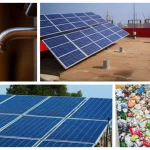 Un collage di immagini che rappresentano il settore dei servizi a Kathmandu, Nepal, e le sfide della sostenibilità: un rubinetto che gocciola (uso dell'acqua), pannelli solari su un tetto di un edificio commerciale (energia), e un sistema di raccolta differenziata ben organizzato accanto a uno disordinato (gestione dei rifiuti). Obiettivo macro 100mm per i dettagli del rubinetto e dei rifiuti, obiettivo standard 50mm per i pannelli solari, illuminazione controllata e alta definizione per tutti gli elementi.