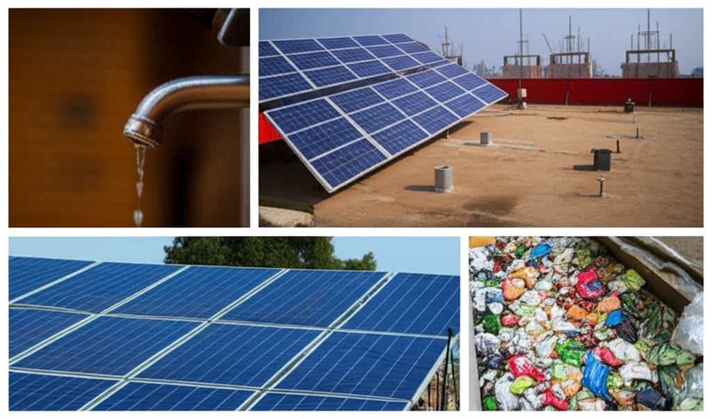 Un collage di immagini che rappresentano il settore dei servizi a Kathmandu, Nepal, e le sfide della sostenibilità: un rubinetto che gocciola (uso dell'acqua), pannelli solari su un tetto di un edificio commerciale (energia), e un sistema di raccolta differenziata ben organizzato accanto a uno disordinato (gestione dei rifiuti). Obiettivo macro 100mm per i dettagli del rubinetto e dei rifiuti, obiettivo standard 50mm per i pannelli solari, illuminazione controllata e alta definizione per tutti gli elementi.