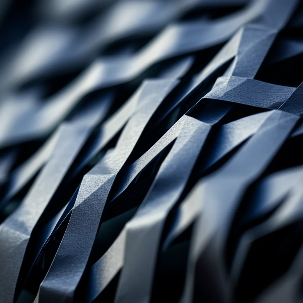 Un foglio di plastica intagliato secondo un pattern kirigami complesso, che ne mostra la struttura flessibile e tridimensionale quando leggermente manipolato. Illuminazione drammatica per evidenziare i dettagli dei tagli e le ombre create. Macro lens, 60mm, high detail, precise focusing, controlled lighting, effetto duotone blu e grigio.