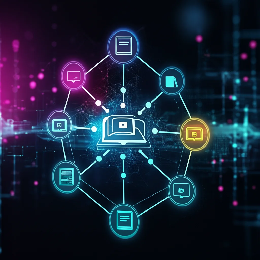 Un'immagine concettuale che mostra una rete neurale luminosa e interconnessa che elabora diversi tipi di oggetti informativi (icone di libri, video, documenti) trasformandoli in categorie ordinate e colorate, simboleggiando la classificazione intelligente. Prime lens, 35mm, depth of field, duotone ciano e magenta, sfondo tecnologico astratto.