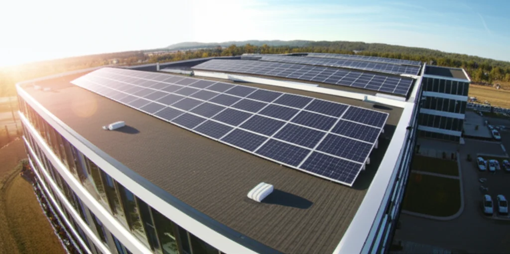 Wide-angle landscape shot of a modern, energy-efficient university dormitory building with solar panels visible on the roof, bright sunshine, 10mm lens.