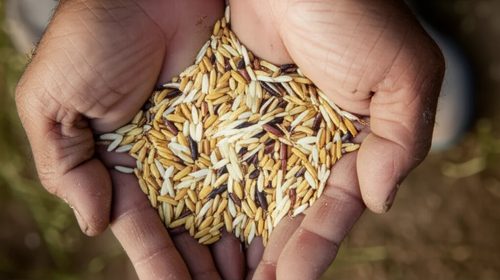 A close-up macro shot of diverse rice seeds held in a farmer's hand, 60mm macro lens, high detail, precise focusing, controlled lighting.