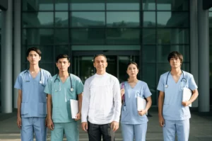 A diverse group of nursing students, looking engaged and slightly apprehensive but hopeful, stand outside a modern, welcoming hospital entrance. A friendly instructor is with them. Portrait photography, prime lens 35mm, natural morning light, depth of field, creating a positive and inviting atmosphere.